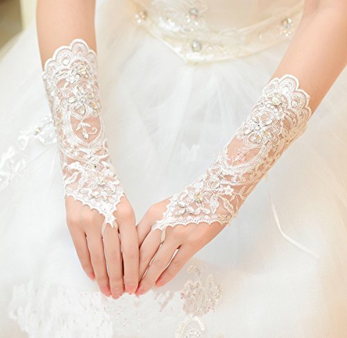 Brauthandschuhe Spitzenhandschuhe Hochzeit Braut Hochzeitshandschuhe Brautkleid Spitze Fingerlose Handschuhe mit Spitze Blumen für Hochzeitsfest ( Farbe : Weiß ) - 4